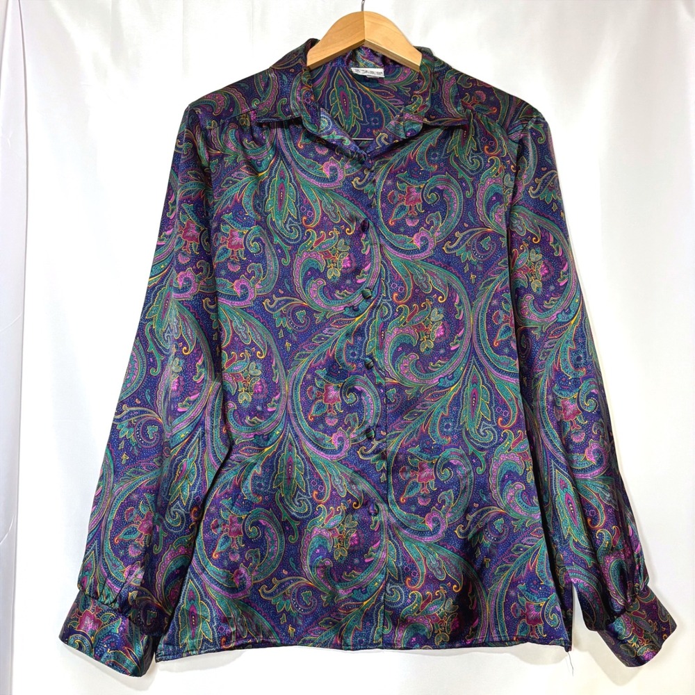 Vintage Russ 80s Jewel Tone Satin Paisley Asymmetric Blouse ILGWU USA Mediumโ